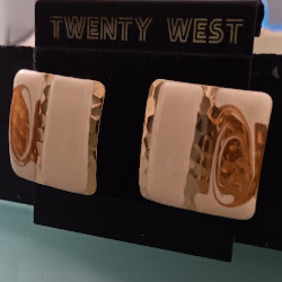 TWENTY WEST Vintage 1980's Square Shaped Ivory Enamel w/ Bronze & Gold Earrings - Picture 4 of 4